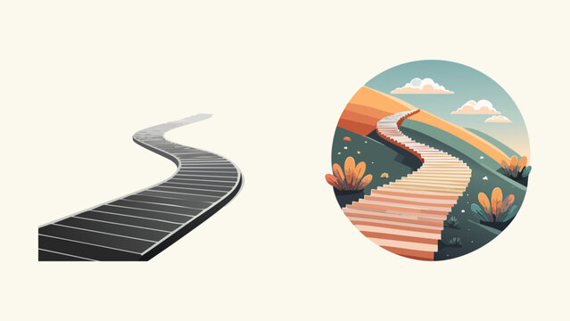 Illustrations of a winding pathway leading uphill through a scenic landscape with hills, clouds, and vegetation