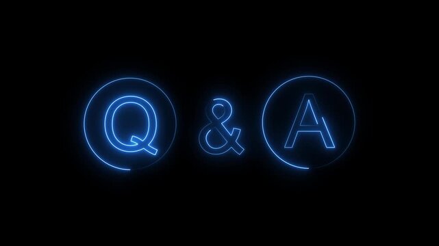 Neon blue q and a letters inside circles bright glowing text reading q and a inside circular borders against a dark background glowing questions answers sign light
