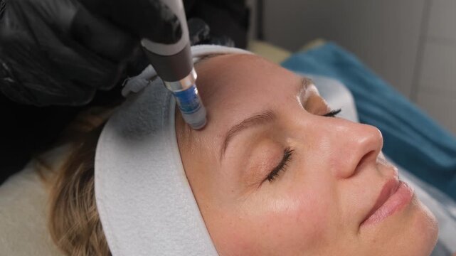Close-up of a beautician performing a dermapen microneedling facial on a mature woman's forehead