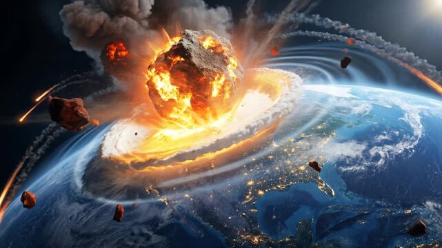 Outer-space scene showing massive asteroid erupting in a fiery collision near Earth, sending glowing debris and molten fragments across the atmosphere, 4K video