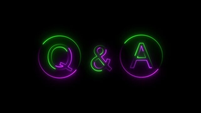 Purple and green neon q and a sign glowing and letters q and a framed by circular outlines on black glowing questions answers light typography glowing questions answers light typography