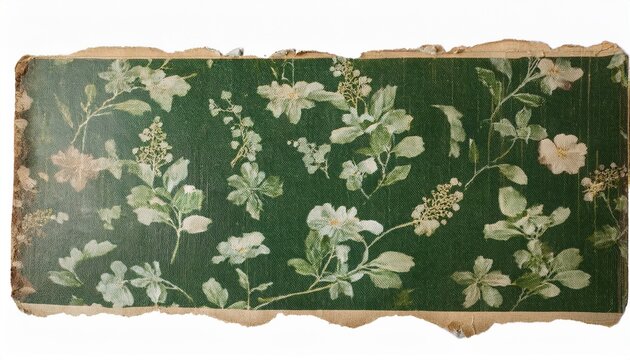 torn strip of faded vintage book cover old paper with green floral pattern isolated for collage