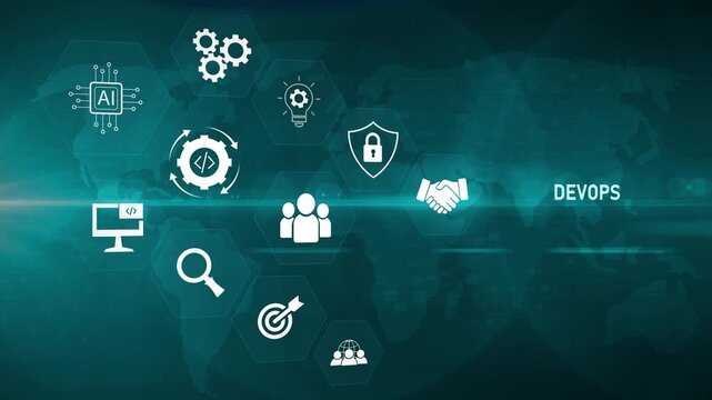 Software engineer hand holding DevOps interface on digital screen, continuous integration delivery, automation workflow, development operations and Motion graphics of devops concept