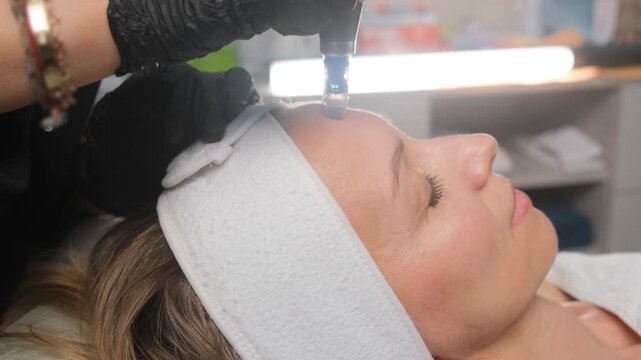Professional beautician doing a mesotherapy facial procedure on a mature woman in a beauty salon