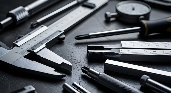Macro view of industrial precision measuring tools including vernier calipers and technical micrometers arranged neatly on a dark scratched metallic workbench