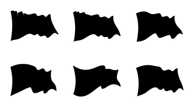Six Black Silhouette Waving Flags Vector Icons, Dynamic Motion Symbols, Abstract Banner Shapes for Graphic Design and Branding