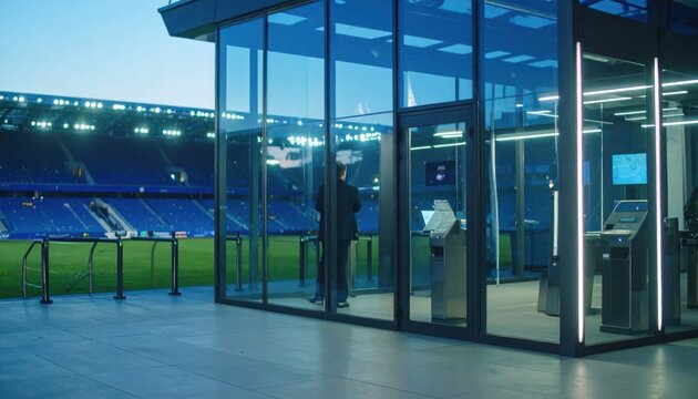 Modern glass security entrance at a sports stadium exterior.