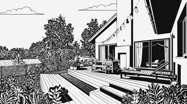 Backyard - Modern wooden deck and outdoor patio set in a lush garden near a house exterior with relaxing lounge chairs in a black and white sketch