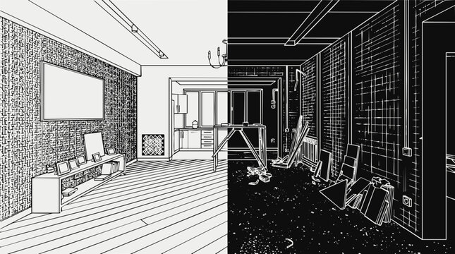 Split view of an interior renovation and architecture project showing the construction and design process of a modern living room sketch.