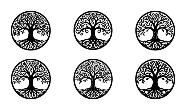 Set of 6 Circular Tree of Life Vector Icons, Celtic Knot Roots and Branches, Spiritual Symbol Graphics, Black and White Design Elements