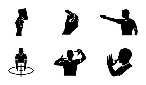 Soccer Referee Icons: Yellow Card, Red Card, Whistle, Hand Signals, Fouls, Game Management, Sports Officials, Refereeing Tools, Vector Set