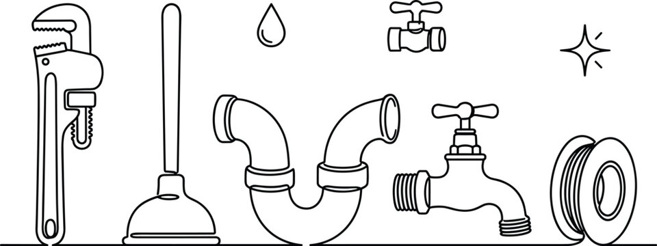 Plumbing Tools and Pipe Fitting One-Line Drawing Illustration Featuring Wrench, Plunger, Faucet, Drain Pipes, and Home Maintenance Equipment