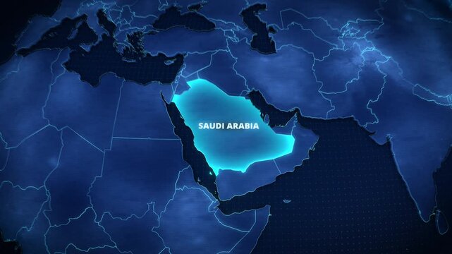 Digital high tech map of the Middle East with a pulsating neon blue highlight on Saudi Arabia, ideal for corporate presentations, geopolitical documentaries, and global business broadcast graphics.
