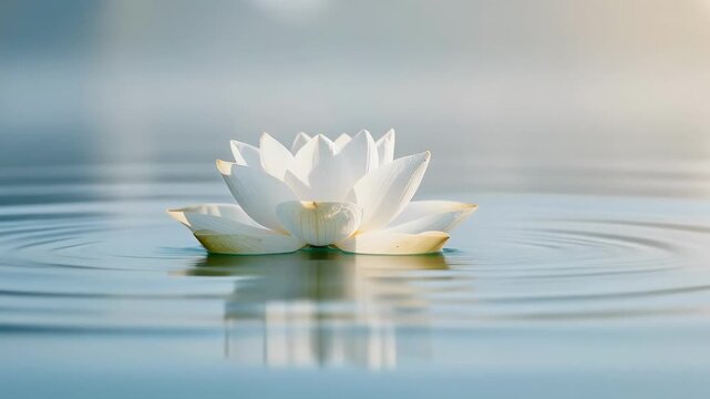 Serene white lotus flower floating on calm water with soft ripples and peaceful atmosphere