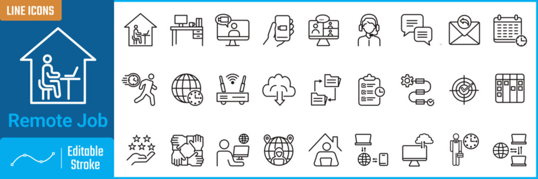 Remote job line icon set. Editable icon collection of remote job. Containing home office, collaboration, freelancer, digital nomad, work from home, remote access.