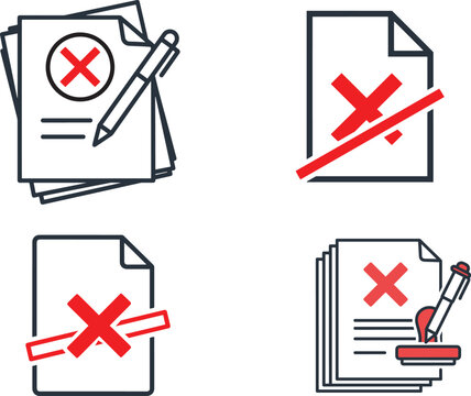Rejected documents with red cross marks and pen set isolated on transparent background document rejection icons collection.
