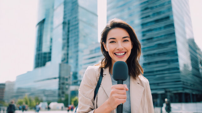 Female journalist smiles while reporting news in a city with modern buildings during the day