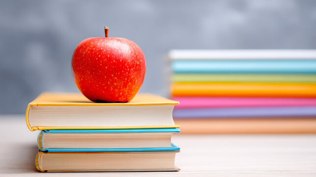 Fresh red apple sits on top of school books in a study space for learning and education