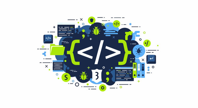 Software Development and Programming Flat Illustration with Code Tags, Bugs, and UI Elements