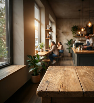 Empty wooden table top with blurred cozy cafe interior background for product display mockup