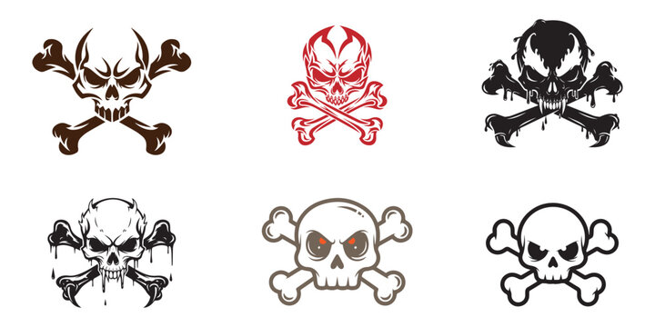 Collection of six skull and crossbones emblems in various styles and colors, gothic and horror theme vector art.