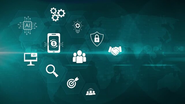 Digital payments interface with networking data, online transactions, mobile payment system, fintech solutions and secure payment. Motion graphics of money transfer concept