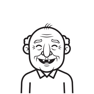 Cartoon illustration of a happy elderly man with a bald head and missing teeth in black and white line art style
