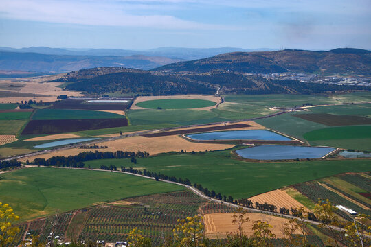 Scenic high-angle view from Mount Tabor over the picturesque Jezreel Valley with geometric patchwork fields water reservoirs and yellow wildflowers in the foreground under a hazy blue sky in Israel