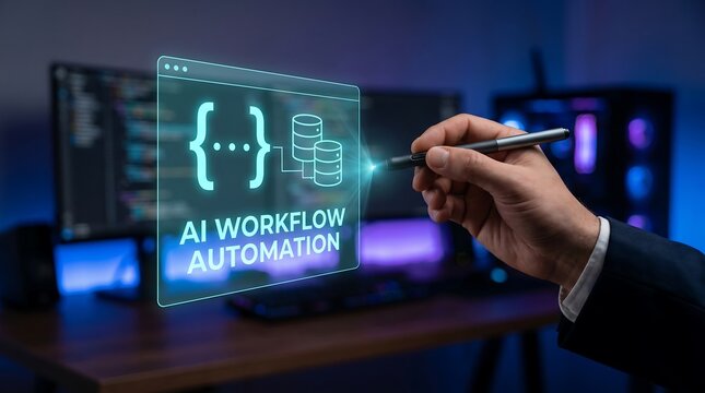 Businessman pointing at glowing AI workflow automation holographic UI