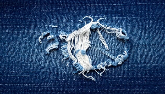 A close-up of a frayed, circular hole in dark blue denim fabric