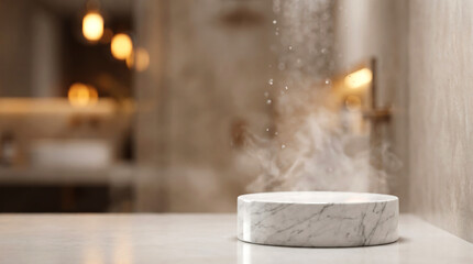 Fototapeta premium Round marble pedestal in modern bathroom with falling water for fresh cosmetic and skincare mockup display.