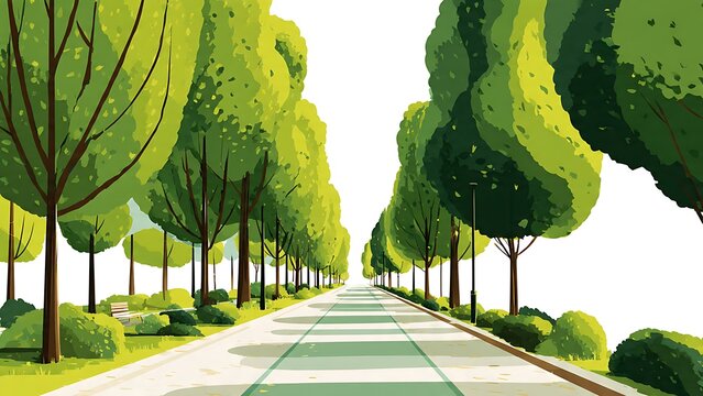 Tree Avenue Vector Illustration with Pathway on White Background
