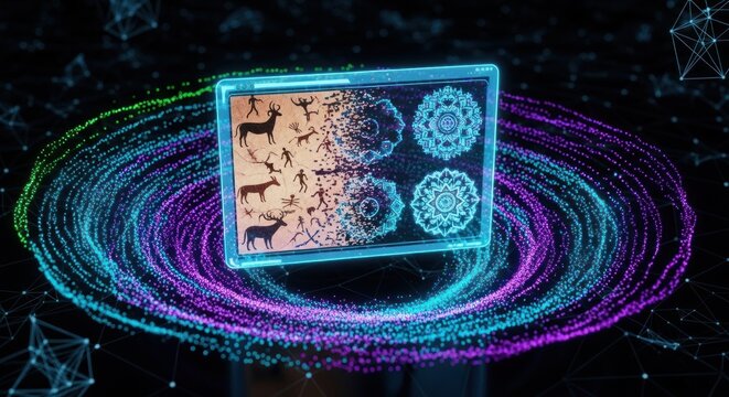 A digital illustration depicting a holographic screen showcasing prehistoric rock art.