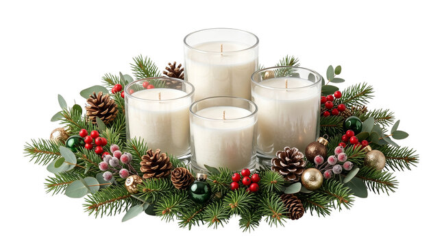 Christmas advent wreath with four white candles in glass jars, festive holiday centerpiece with pine branches and red berries, winter table decoration isolated PNG with Transparent Background