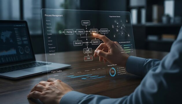 Business hands interacting with transparent holographic flowchart screen
