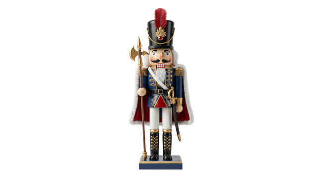 Traditional wooden nutcracker soldier in blue uniform, classic Christmas nutcracker figurine with halberd and cape, festive holiday decor ornament isolated PNG with Transparent Background