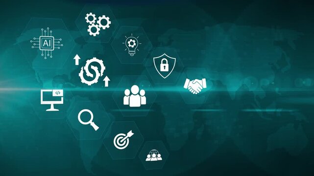 Business integration system and unified operations panel. Connected processes, seamless workflows, digital alignment and organizational harmony. Motion graphics of business concept