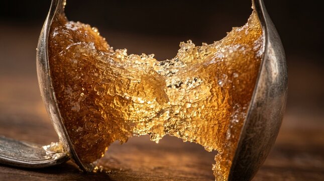 The Honey Glacier: Crystallized Honey Being Stretched Showing Sugar Crystals
