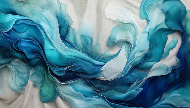 abstract organic swirls of indigo and teal dyes blend softly on a linen canvas creating a calming painterly effect soft calm