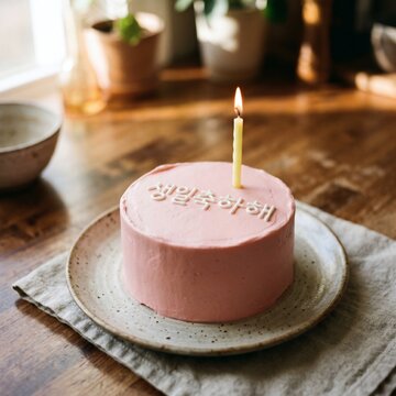 감성 카페 무드 원목 테이블 위 레터링 생일 케이크와 촛불