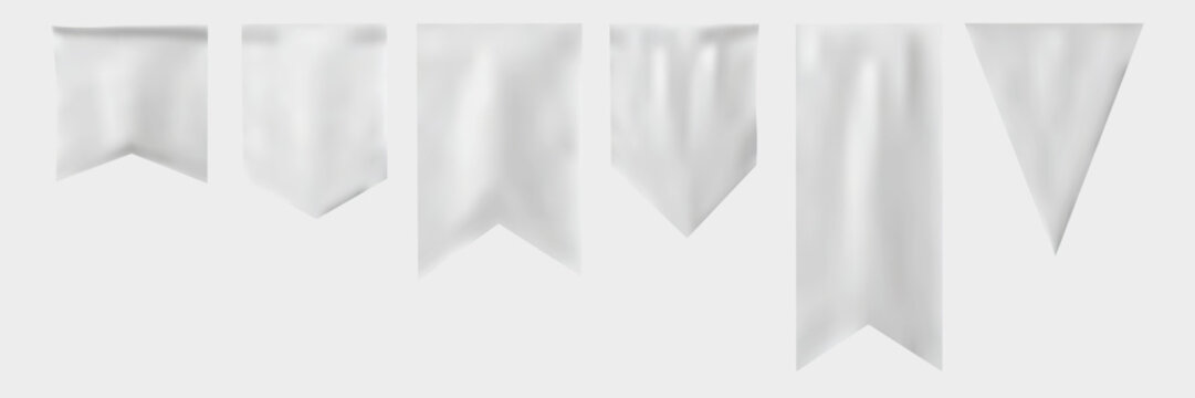 Medieval castle flag mockup with realistic white fabric texture, blank banner template for custom designs, isolated 3D waving pennant on vertical pole