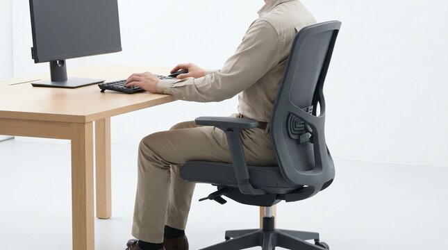Ergonomic Posture Concept, Man Sitting on Ergonomic Office Chair at Computer Desk Side View