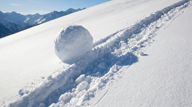 Snowball Effect Concept, Large Snowball Rolling Down Snowy Mountain Slope Leaving Trail