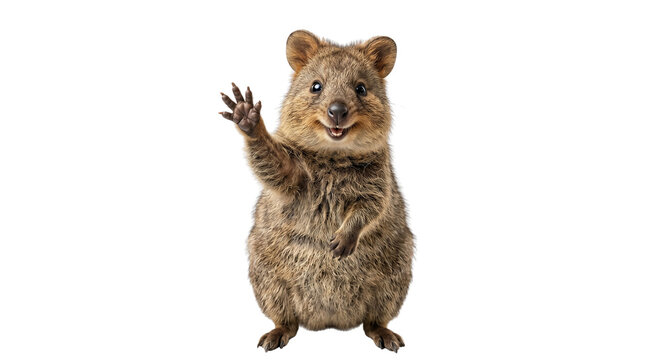 Cute smiling quokka waving paw isolated on transparent background, happy australian marsupial full body portrait