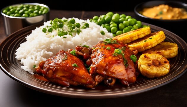 caribbean jerk chicken with spicy seasoning served with rice and peas and a side of fried plantains