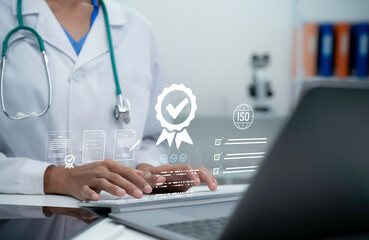 Fototapeta premium Healthcare certification and quality compliance assessment with medical accreditation standards patient safety verification clinical auditing professional excellence and regulatory approval