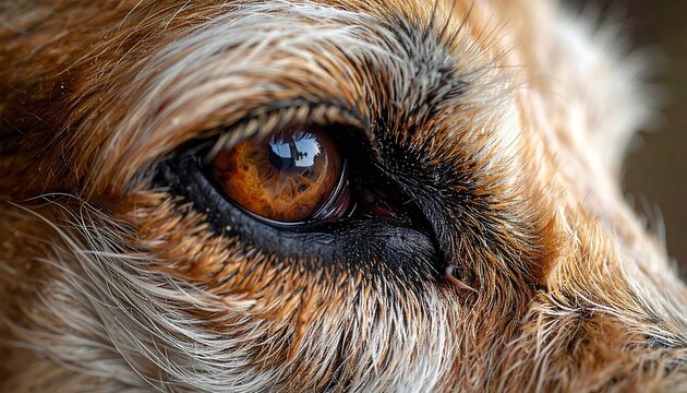 A close-up of a dog's eye with brown iris and white whiskers
