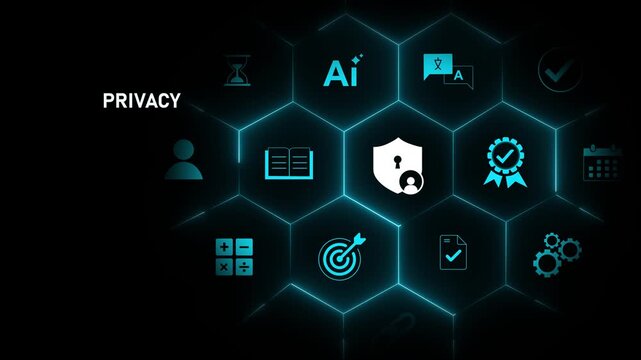 Business privacy, data protection, personal information security, GDPR compliance, digital trust, user confidentiality, online safety, identity protection, Motion graphics of data privacy concept