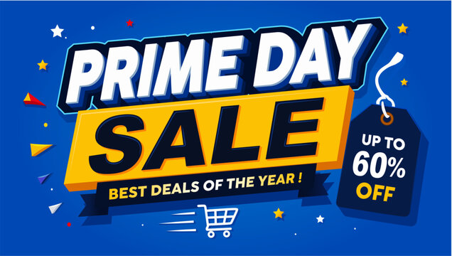Prime Day Sale Banner Template with Bold 3D Typography, Discount Tag and Shopping Theme, Modern Flat Vector Promotion Design.