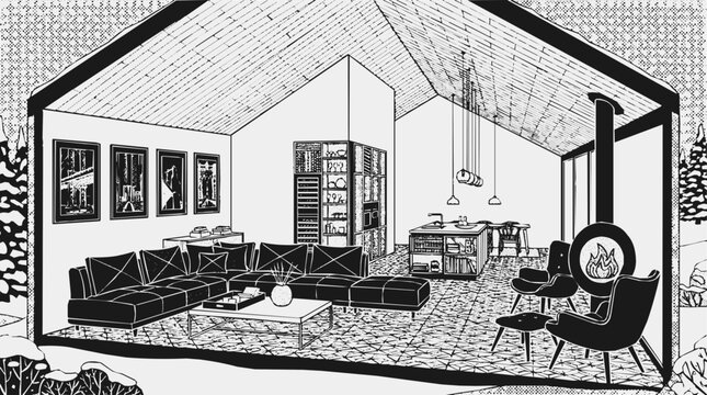 Cozy modern interior living room with a circular fireplace inside a winter cabin in a detailed black and white line art illustration style.